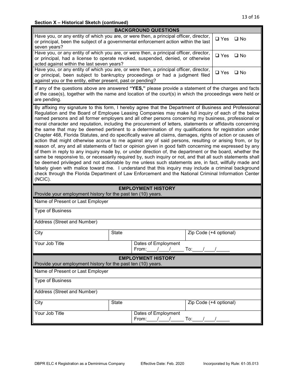 Form DBPR ELC4 Application for Registration as a Deminimus Employee Leasing Company - Florida, Page 13