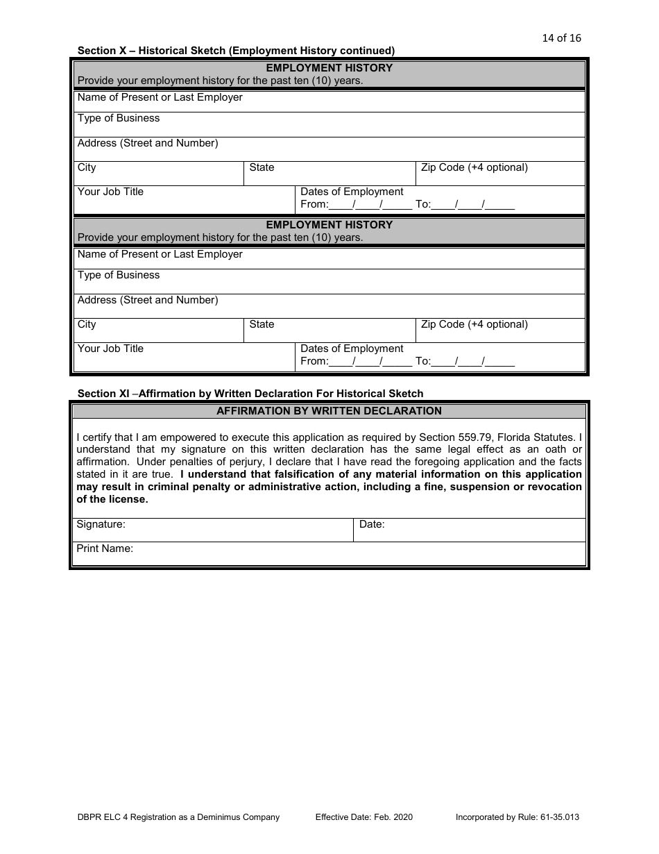 Form DBPR ELC4 Application for Registration as a Deminimus Employee Leasing Company - Florida, Page 14