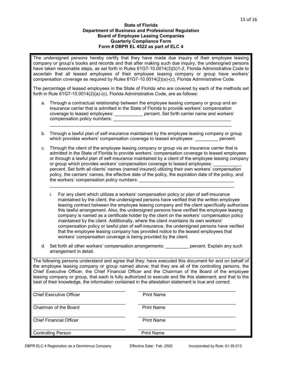 Form DBPR ELC4 Application for Registration as a Deminimus Employee Leasing Company - Florida, Page 15