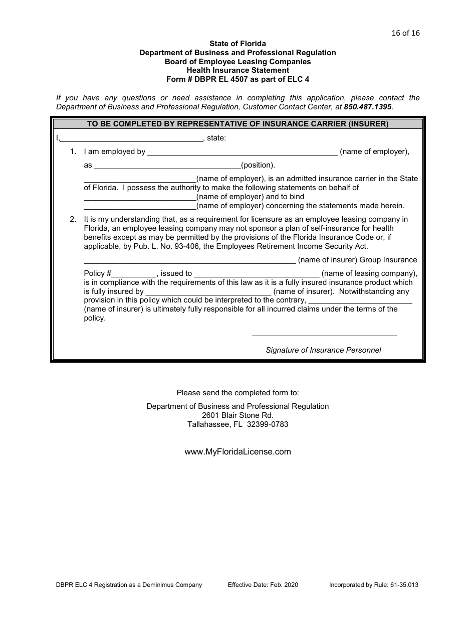 Form DBPR ELC4 Application for Registration as a Deminimus Employee Leasing Company - Florida, Page 16