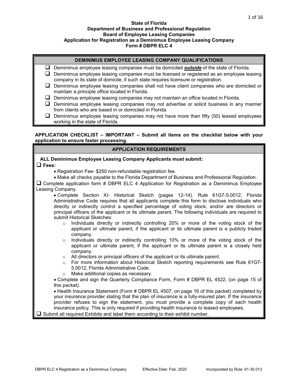 Form DBPR ELC4 Application for Registration as a Deminimus Employee Leasing Company - Florida, Page 1