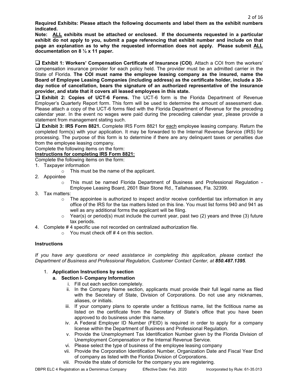 Form DBPR ELC4 Application for Registration as a Deminimus Employee Leasing Company - Florida, Page 2