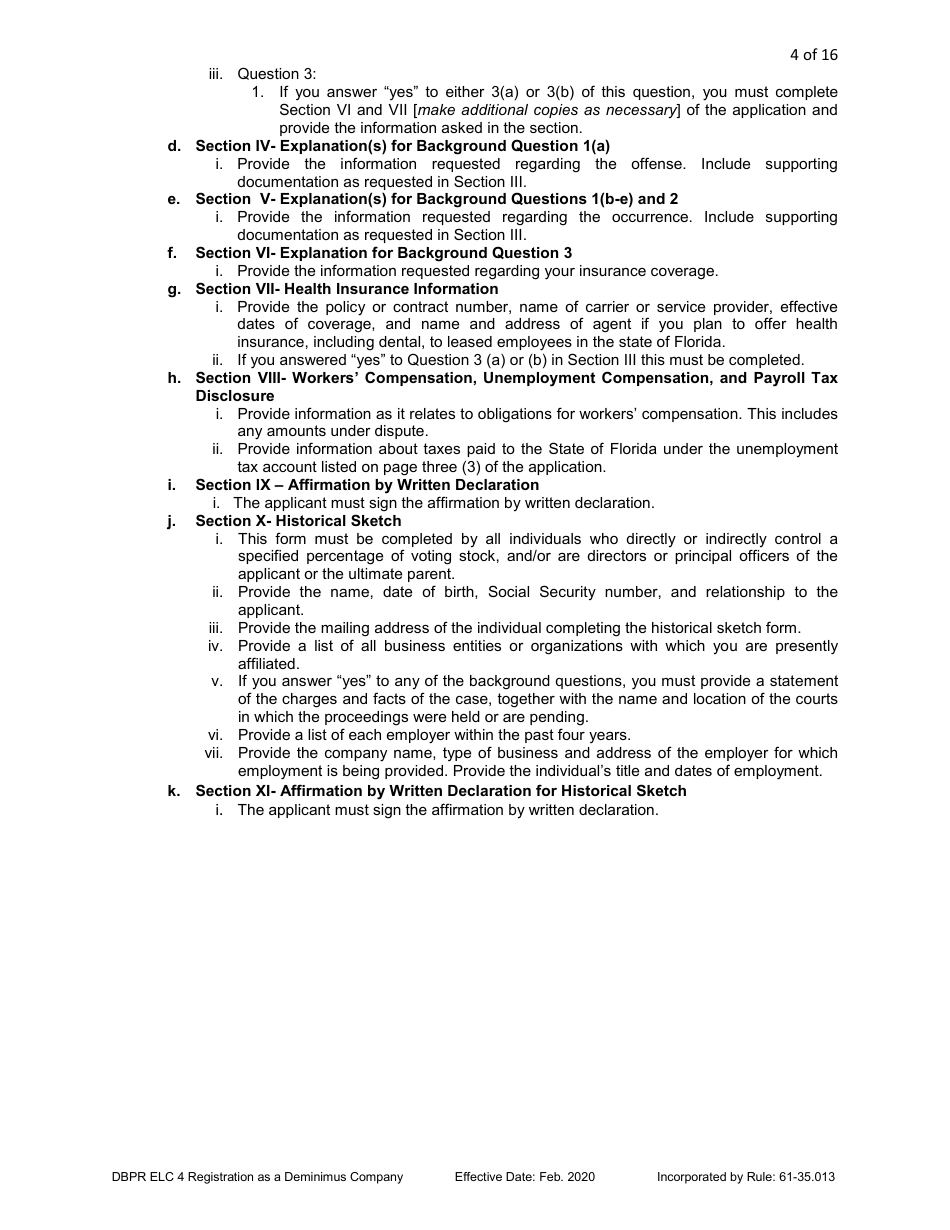 Form DBPR ELC4 Application for Registration as a Deminimus Employee Leasing Company - Florida, Page 4