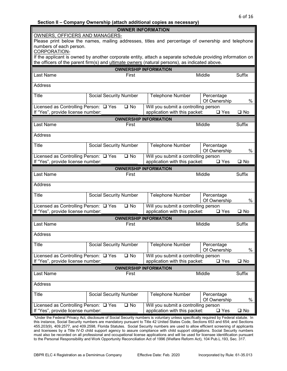Form DBPR ELC4 Application for Registration as a Deminimus Employee Leasing Company - Florida, Page 6