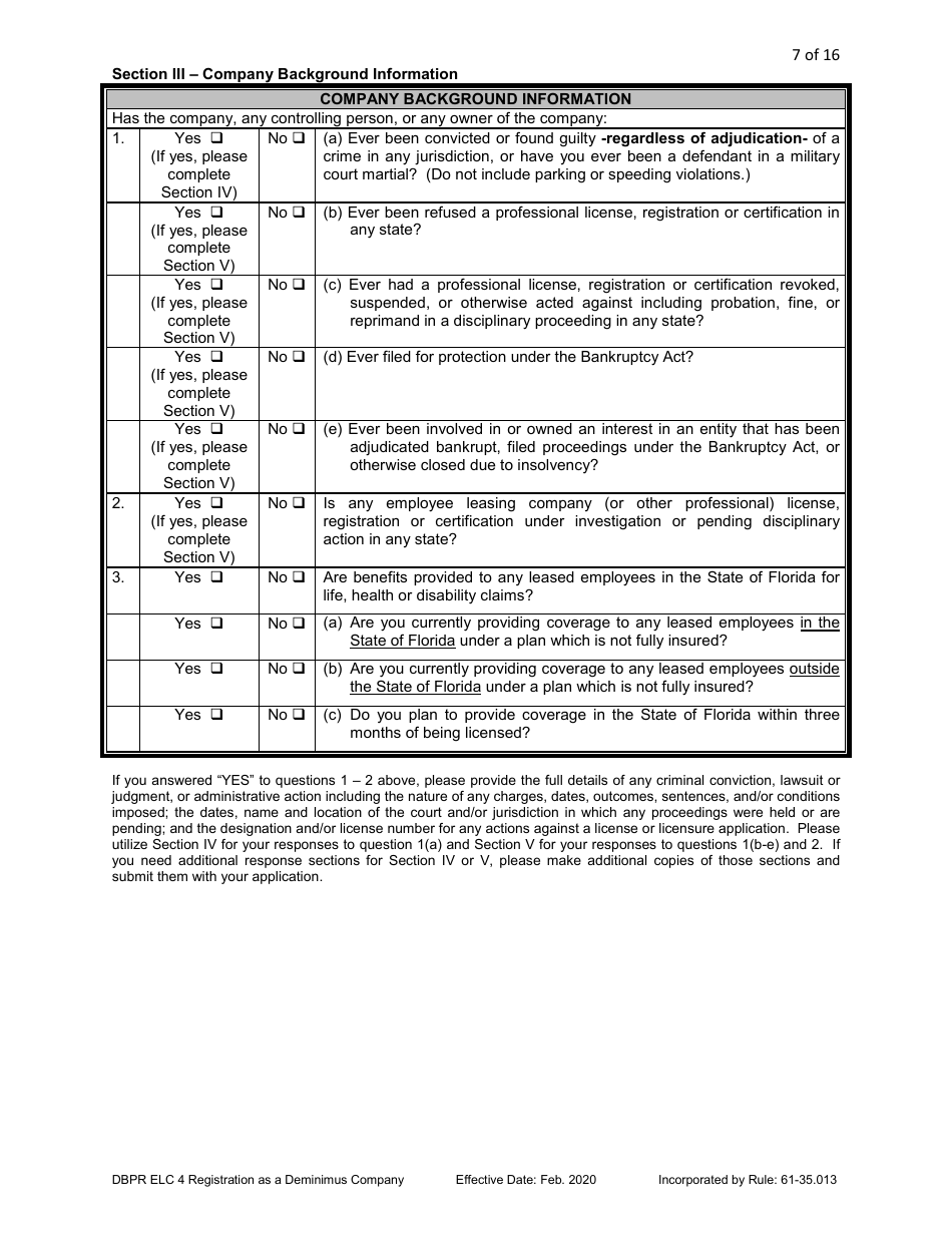 Form DBPR ELC4 Application for Registration as a Deminimus Employee Leasing Company - Florida, Page 7