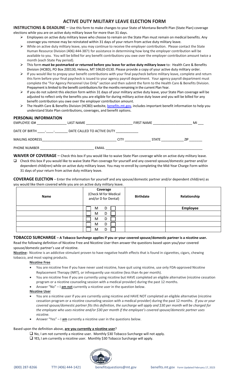 Active Duty Military Leave Election Form - Montana, Page 1