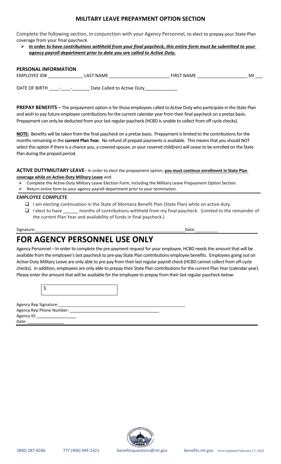 Montana Active Duty Military Leave Election Form Download Fillable PDF ...