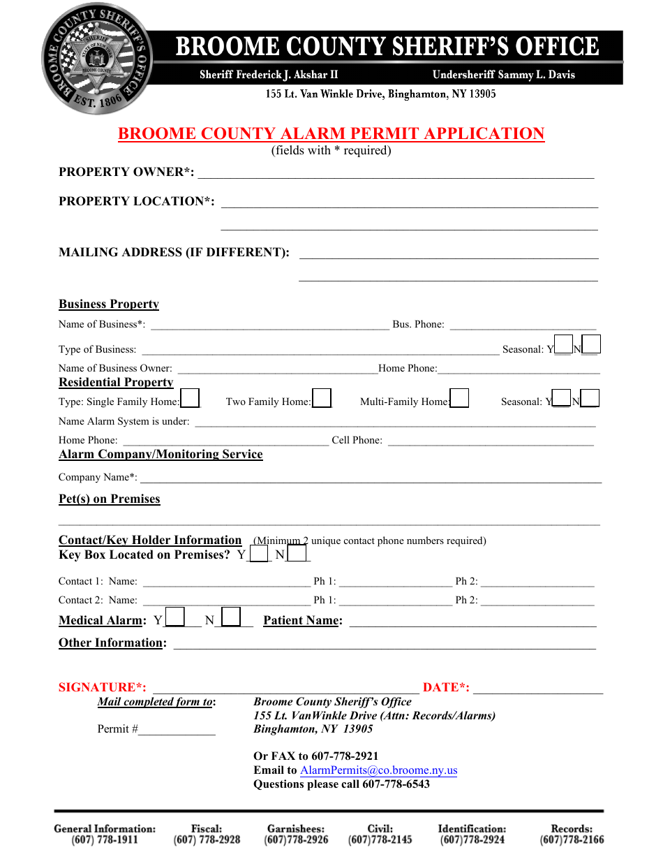 Broome County, New York Alarm Permit Application Fill Out, Sign