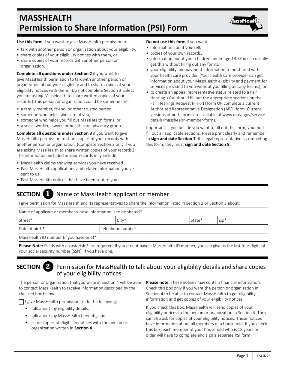 Form Psi Download Fillable Pdf Or Fill Online Masshealth Permission To Share Information Psi