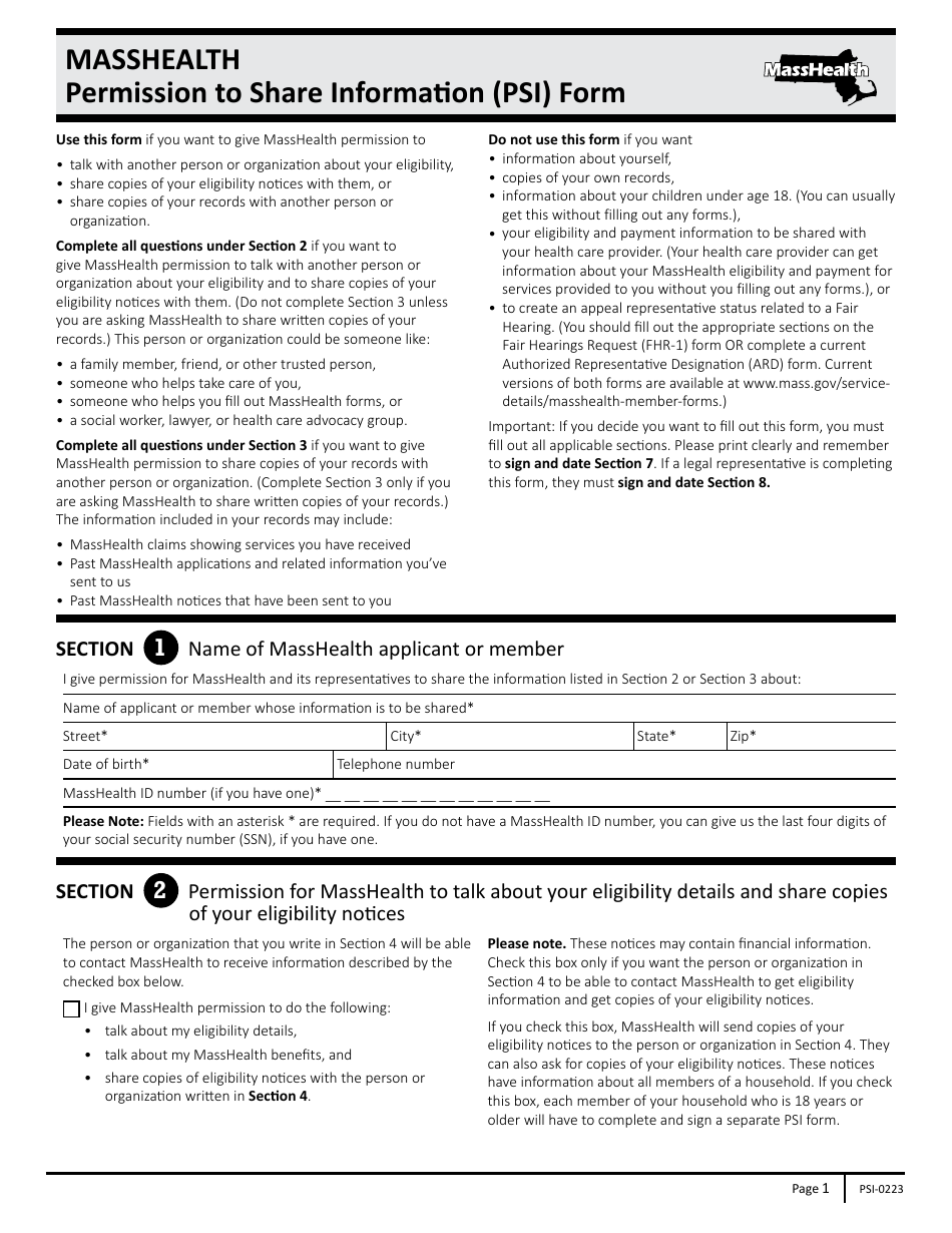 Form PSI Masshealth Permission to Share Information (Psi) Form - Massachusetts, Page 1