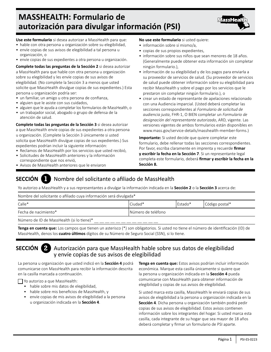 Formulario PSI-ES Masshealth: Formulario De Autorizacion Para Divulgar Informacion (Psi) - Massachusetts (Spanish), Page 1