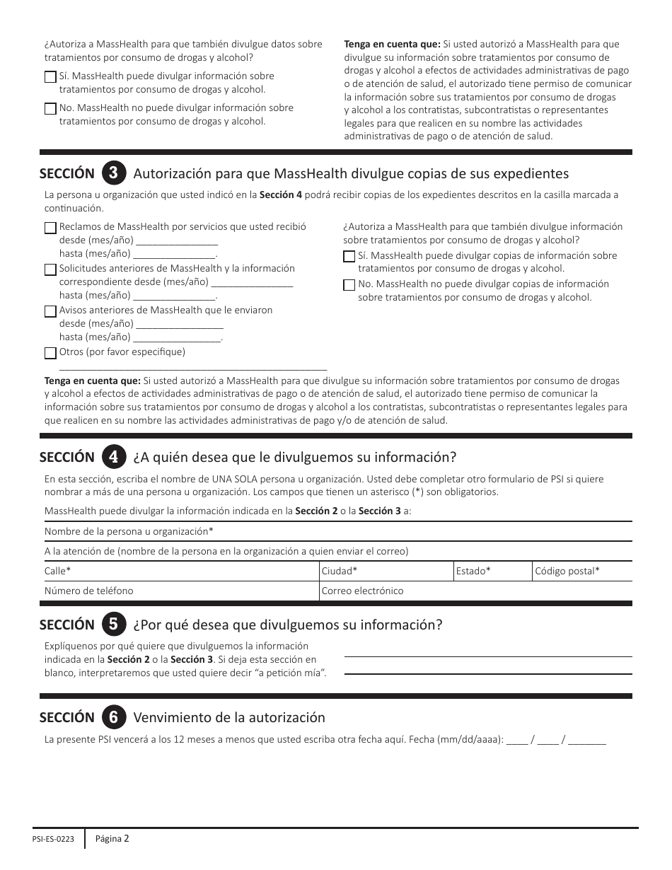 Formulario PSI-ES Masshealth: Formulario De Autorizacion Para Divulgar Informacion (Psi) - Massachusetts (Spanish), Page 2