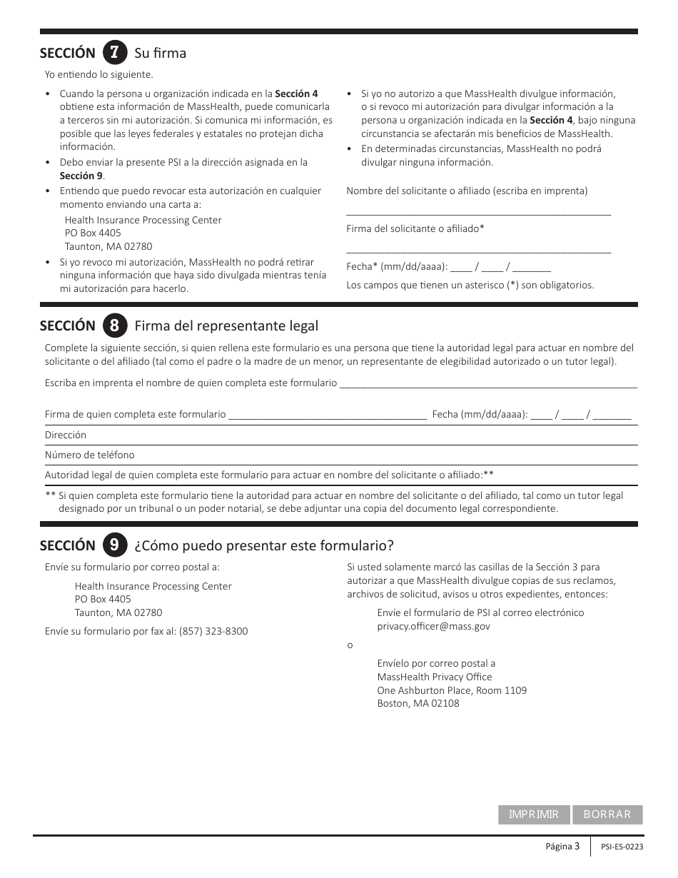 Formulario PSI-ES Masshealth: Formulario De Autorizacion Para Divulgar Informacion (Psi) - Massachusetts (Spanish), Page 3