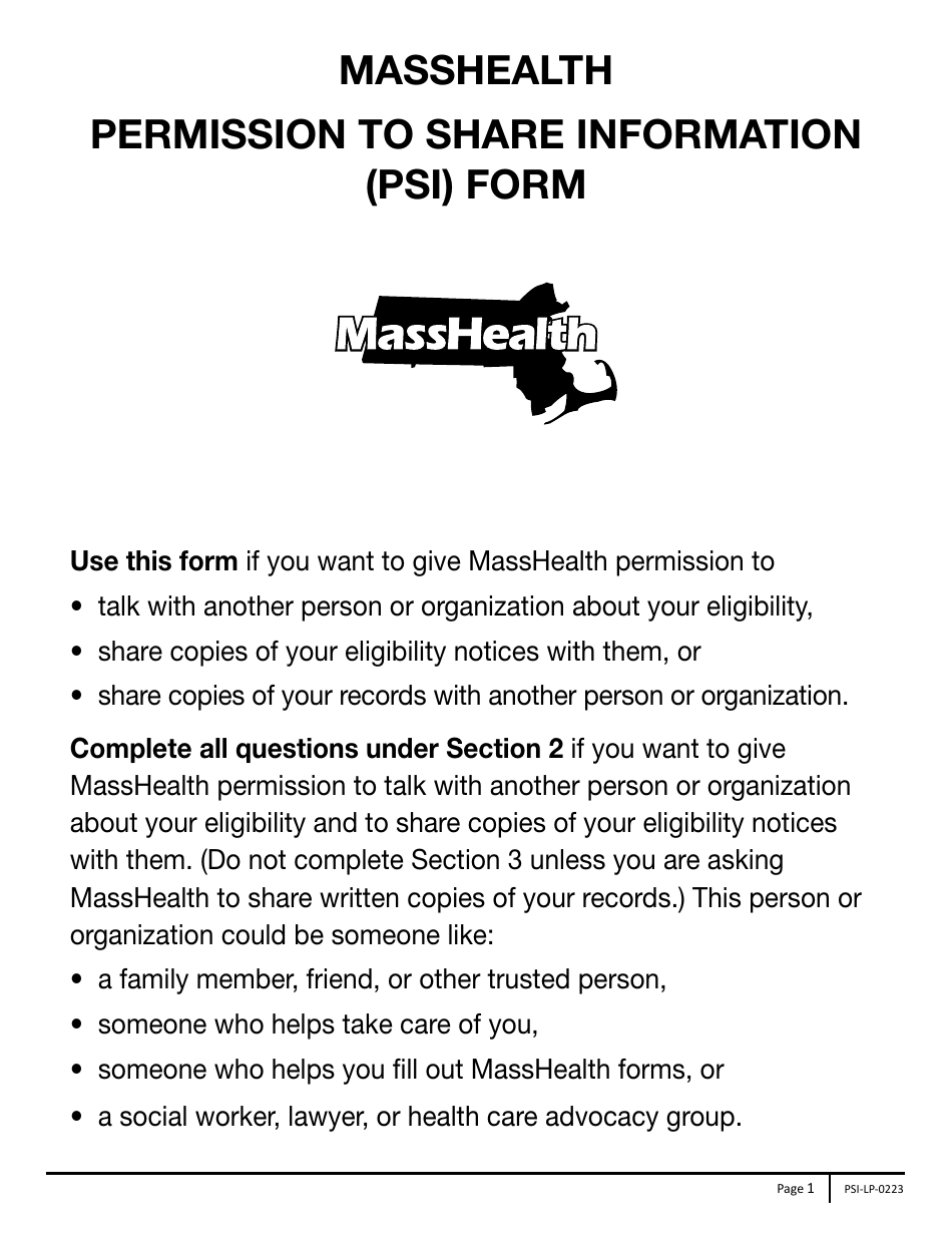 Form PSI-LP Masshealth Permission to Share Information (Psi) Form - Large Print - Massachusetts, Page 1