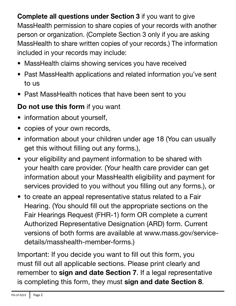 Form PSI-LP Masshealth Permission to Share Information (Psi) Form - Large Print - Massachusetts, Page 2