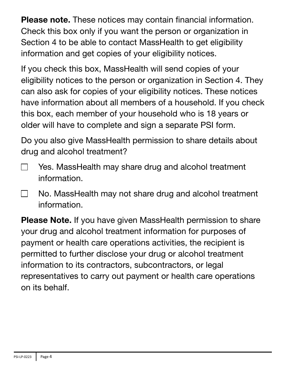 Form PSI-LP Masshealth Permission to Share Information (Psi) Form - Large Print - Massachusetts, Page 4