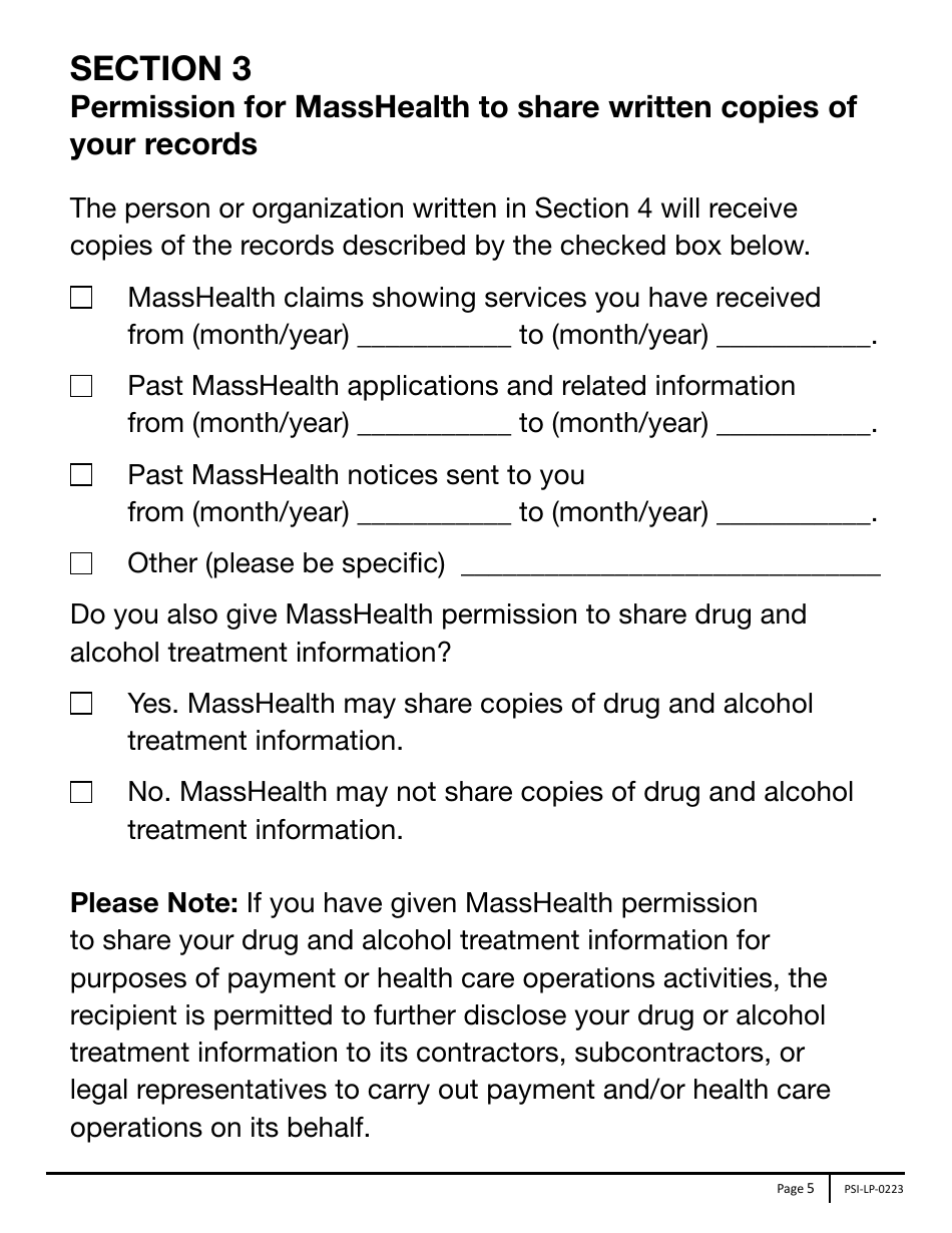 Form PSI-LP Masshealth Permission to Share Information (Psi) Form - Large Print - Massachusetts, Page 5