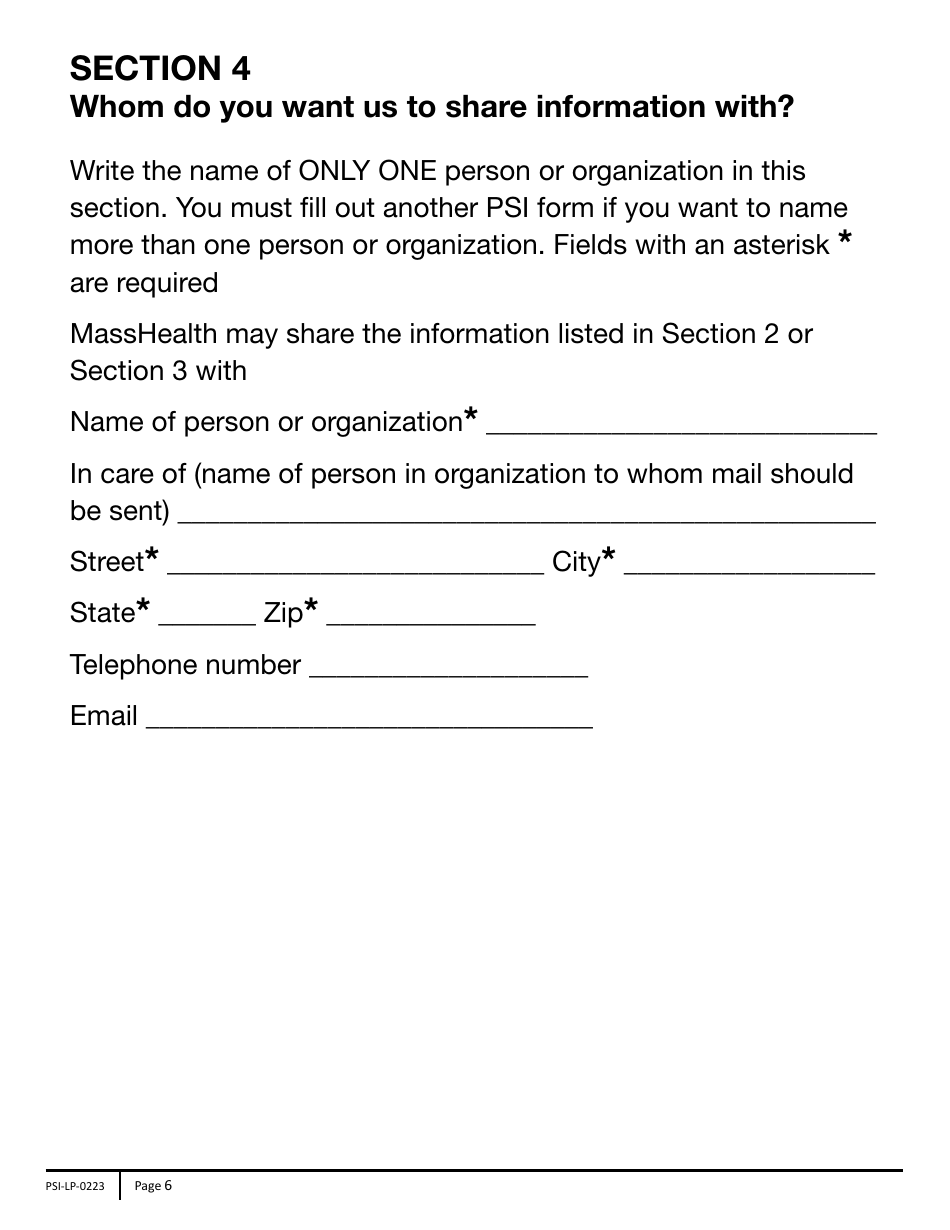 Form PSI-LP Masshealth Permission to Share Information (Psi) Form - Large Print - Massachusetts, Page 6