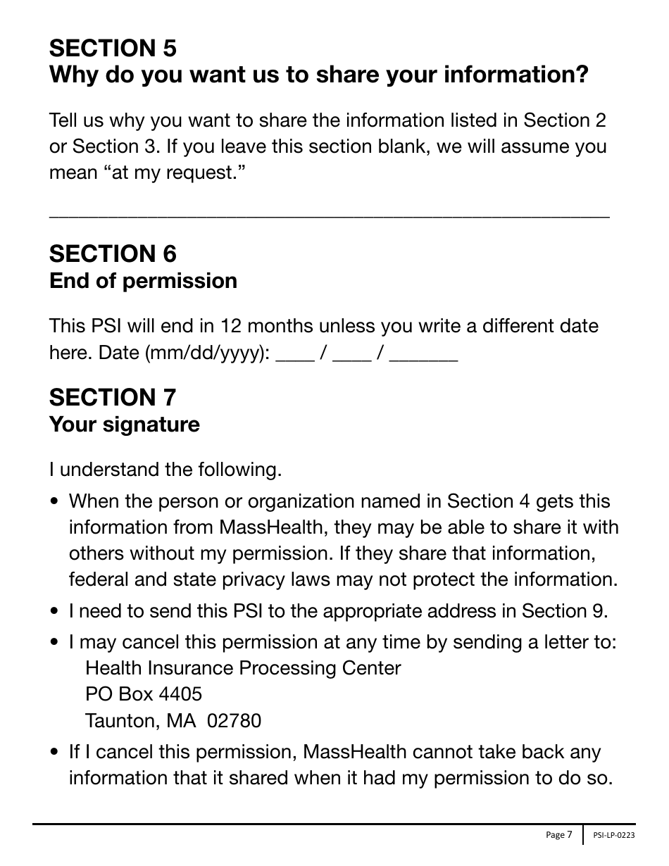 Form PSI-LP Masshealth Permission to Share Information (Psi) Form - Large Print - Massachusetts, Page 7