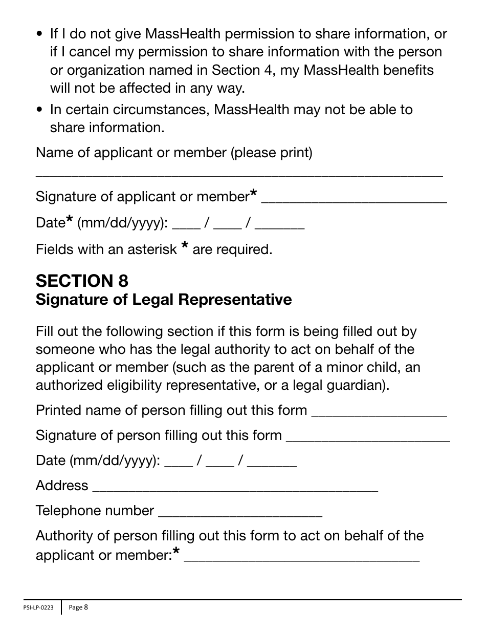 Form PSI-LP Masshealth Permission to Share Information (Psi) Form - Large Print - Massachusetts, Page 8