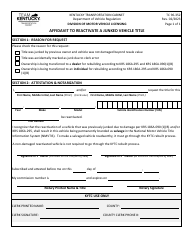 Document preview: Form TC96-352 Affidavit to Reactivate a Junked Vehicle Title - Kentucky