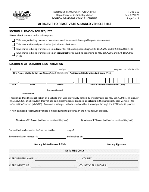 Form TC96-352 Affidavit to Reactivate a Junked Vehicle Title - Kentucky