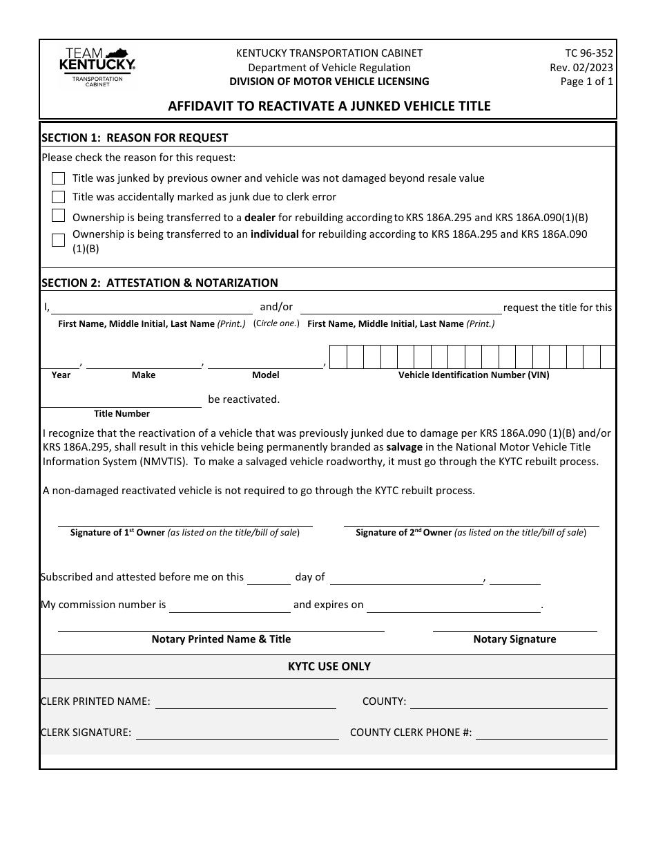 Form TC96-352 Affidavit to Reactivate a Junked Vehicle Title - Kentucky, Page 1