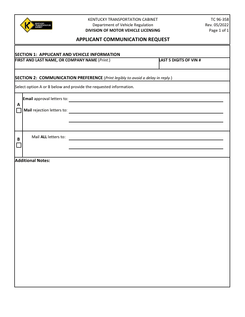 Form TC96-358 Applicant Communication Request - Kentucky