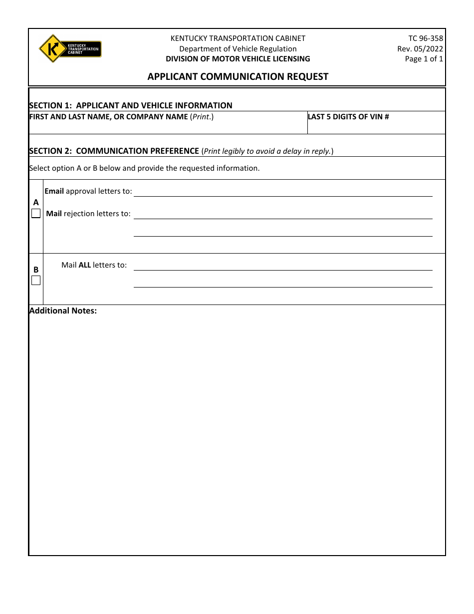 Form TC96-358 Applicant Communication Request - Kentucky, Page 1