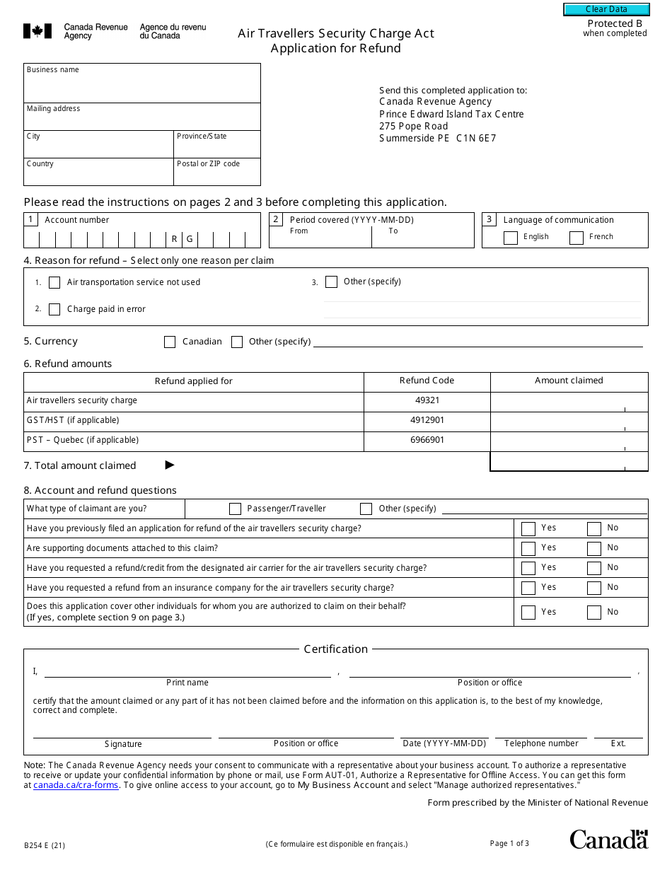 Form B254 Download Fillable PDF or Fill Online Air Travellers Security ...