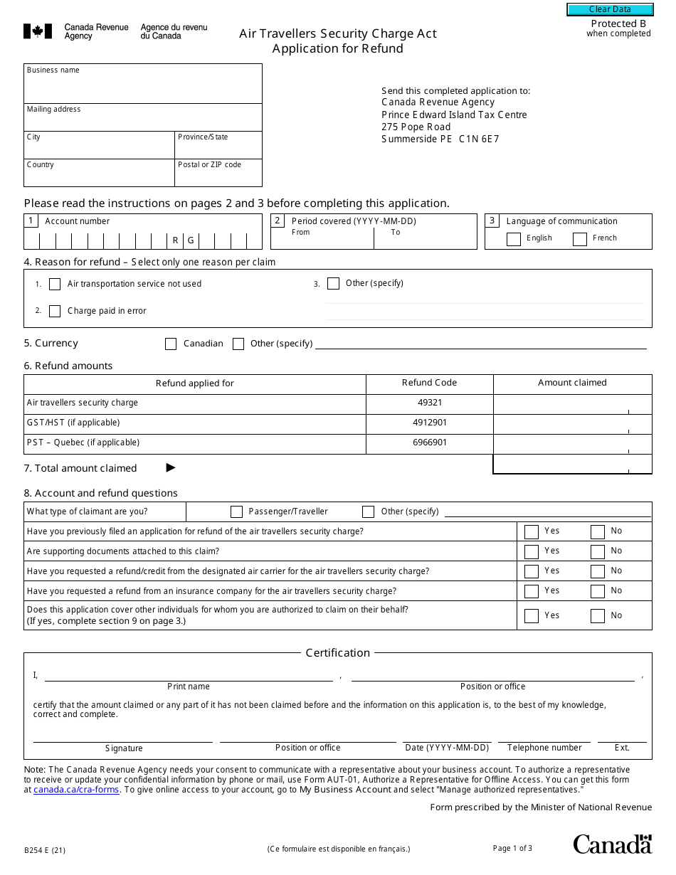 Form B254 Air Travellers Security Charge Act Application for Refund - Canada, Page 1