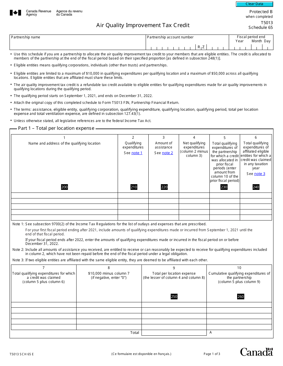 Form T5013 Schedule 65 Air Quality Improvement Tax Credit - Canada, Page 1