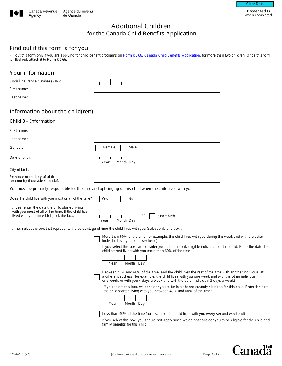 Form RC66-1 Additional Children for the Canada Child Benefits Application - Canada, Page 1