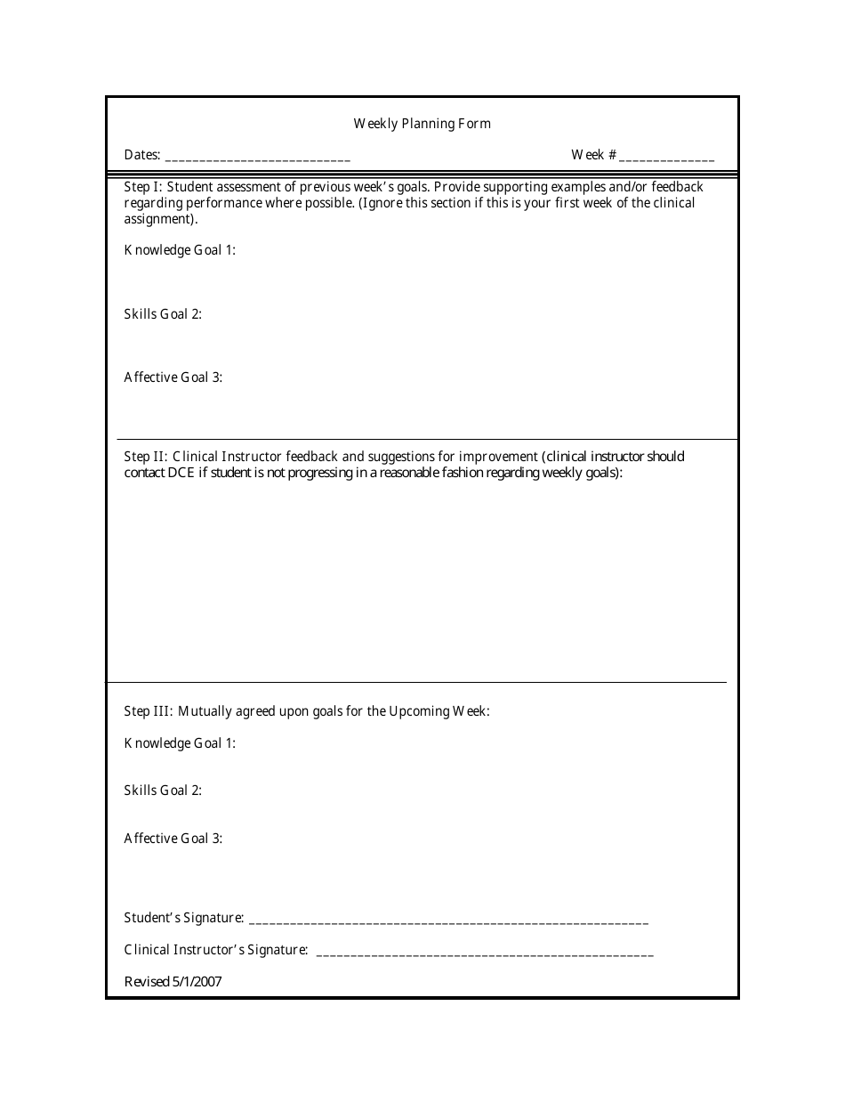 Weekly Planning Form for Clinical Supervision, Page 1