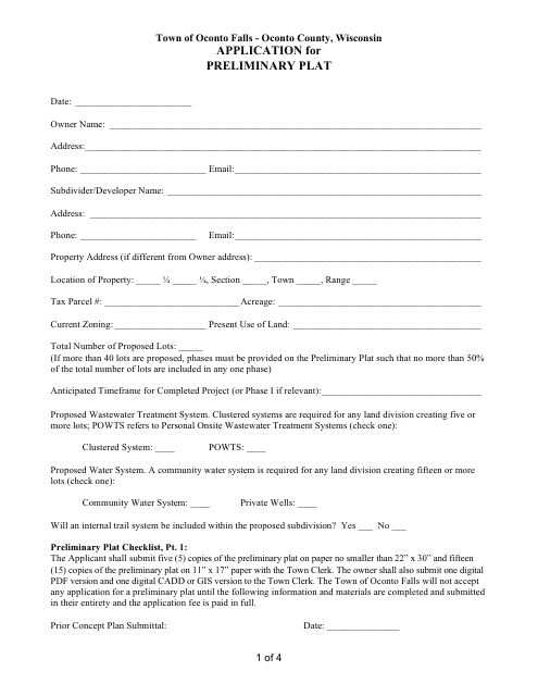 Application for Preliminary Plat - Town of Oconto Falls, Wisconsin