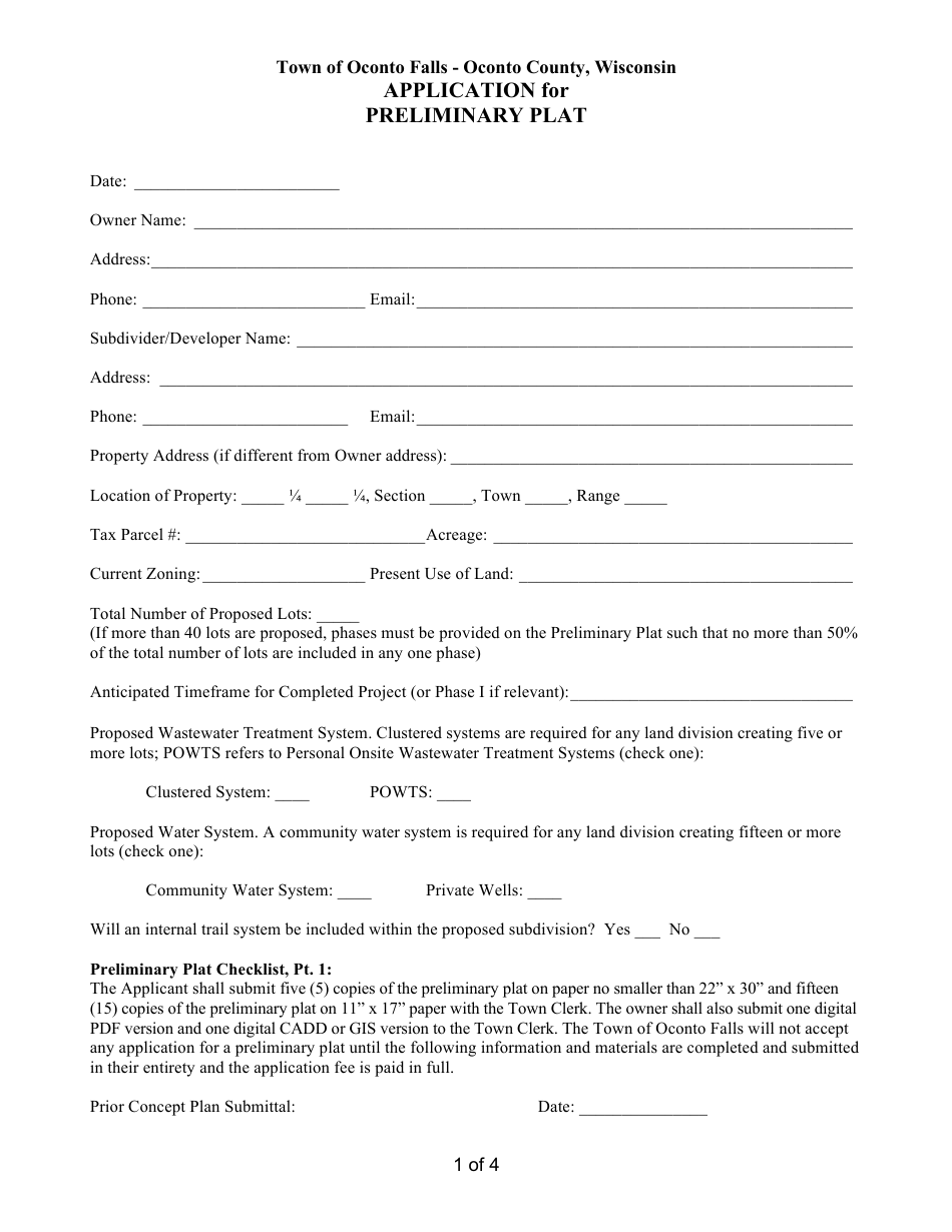 Application for Preliminary Plat - Town of Oconto Falls, Wisconsin, Page 1