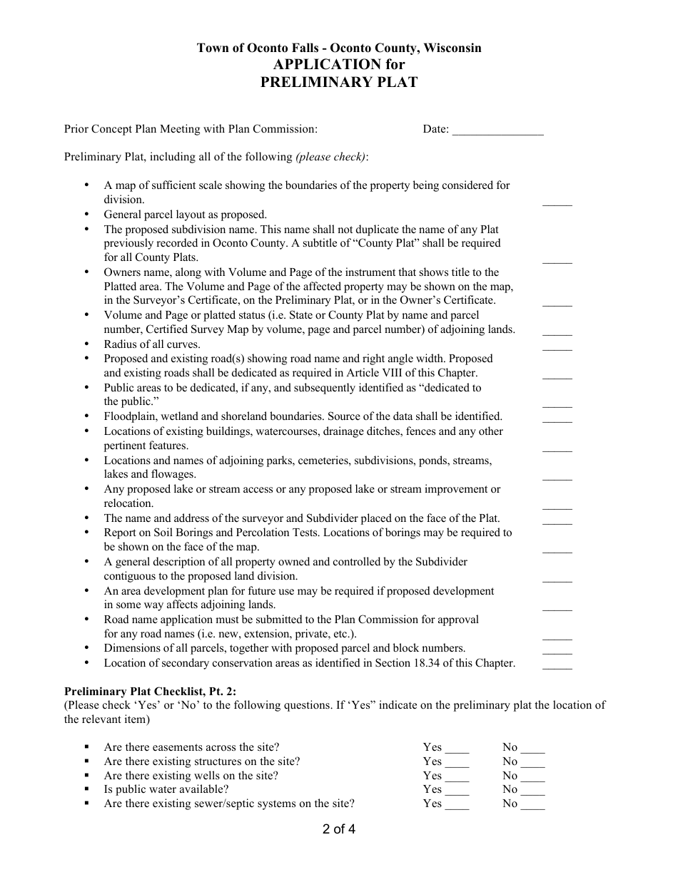 Application for Preliminary Plat - Town of Oconto Falls, Wisconsin, Page 2