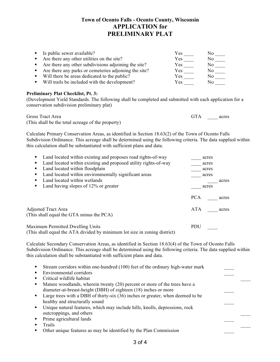 Application for Preliminary Plat - Town of Oconto Falls, Wisconsin, Page 3