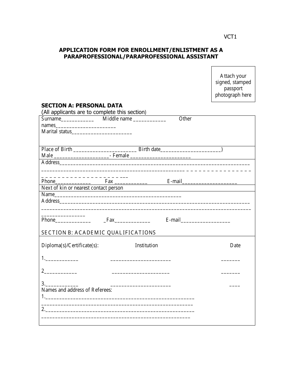 Form VCT1 Application Form for Enrollment / Enlistment as a Paraprofessional / Paraprofessional Assistant - Tanzania, Page 1
