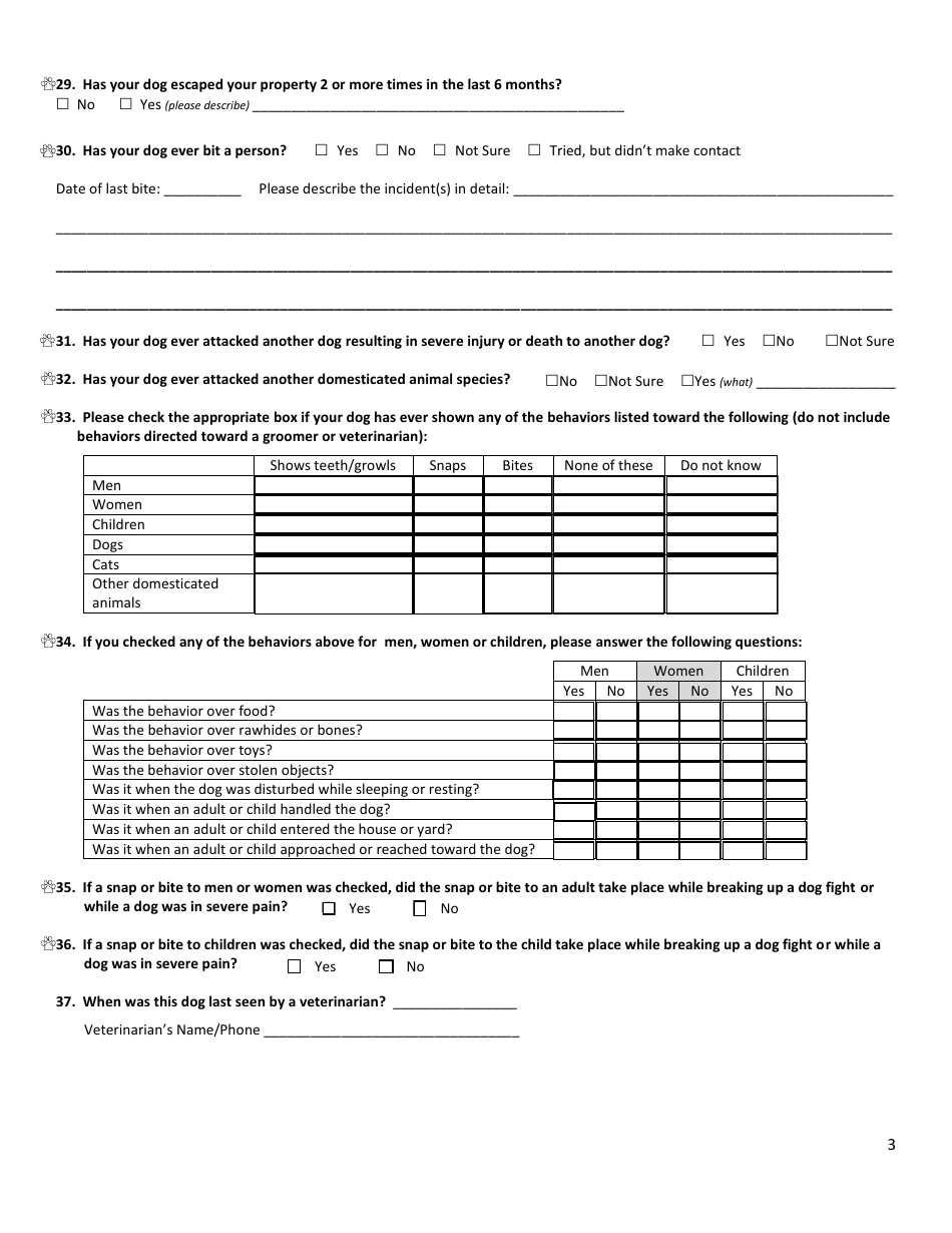 Dog Profile Questionnaire Template for Adoption - Arizona Humane Society - Arizona, Page 3