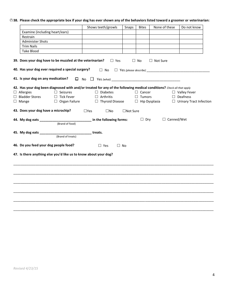 Dog Profile Questionnaire Template for Adoption - Arizona Humane Society - Arizona, Page 4