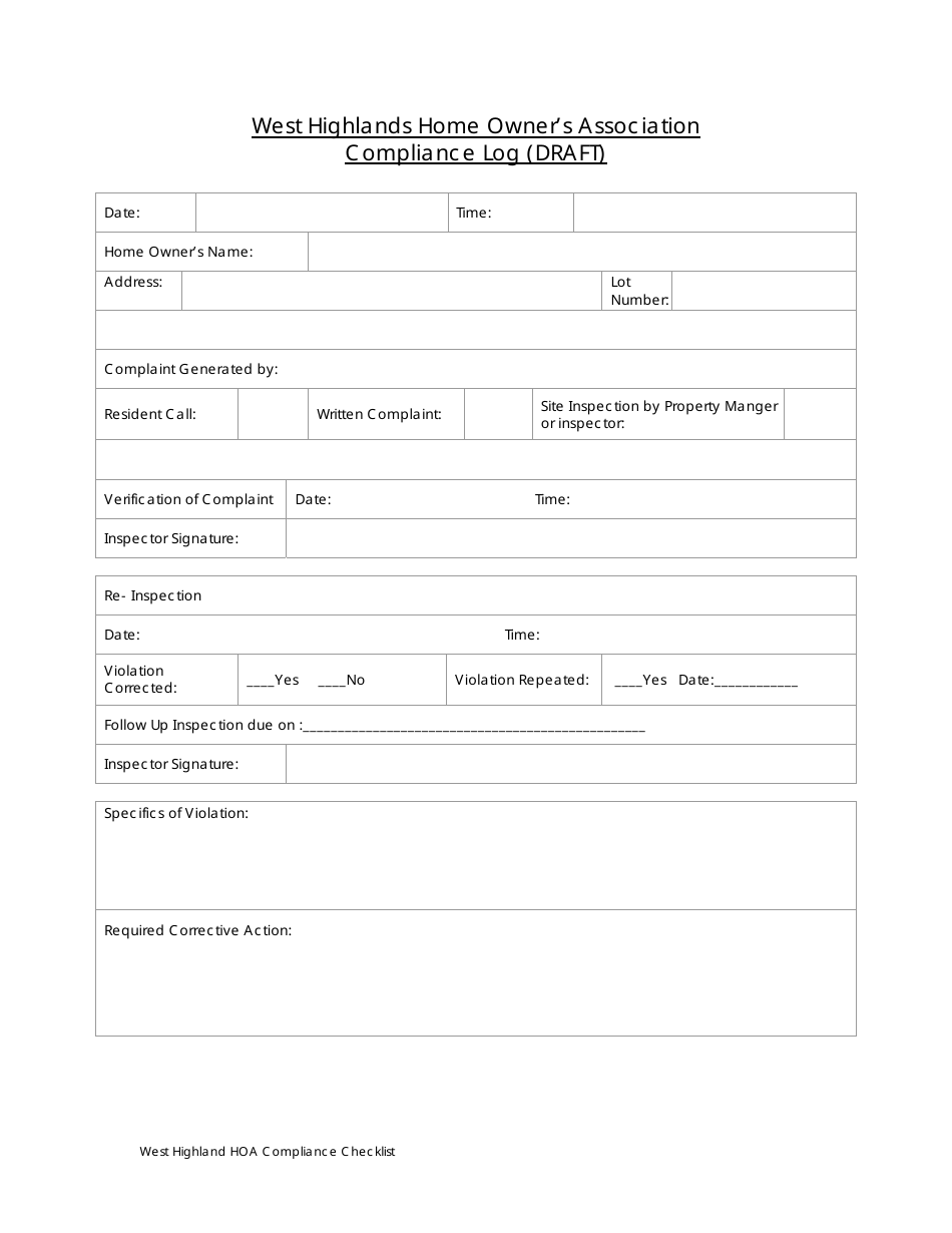 Compliance Log Template - West Highlands Home Owners Association - West Highlands, Scottish Borders, United Kingdom, Page 1