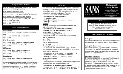 Document preview: Metasploit Cheat Sheet - Sans Institute