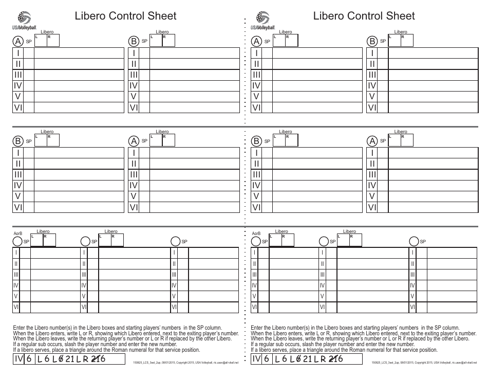 Libero Control Sheet Template for USA Volleyball