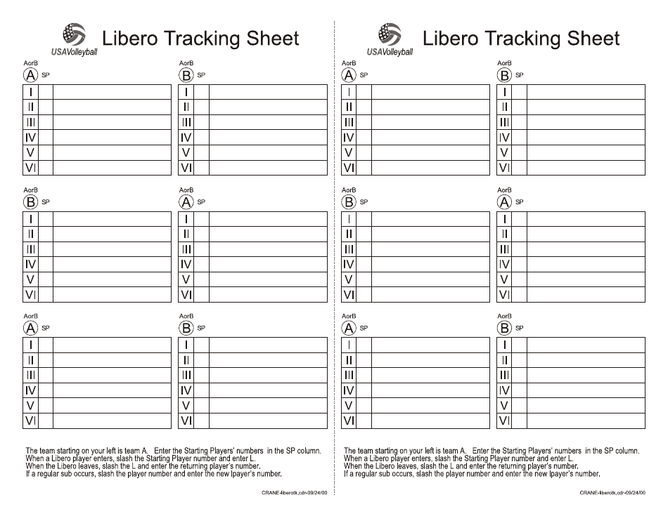Download, Fill In And Print Libero Tracking Sheet Template - Usa Volleyball Pdf Onlin...