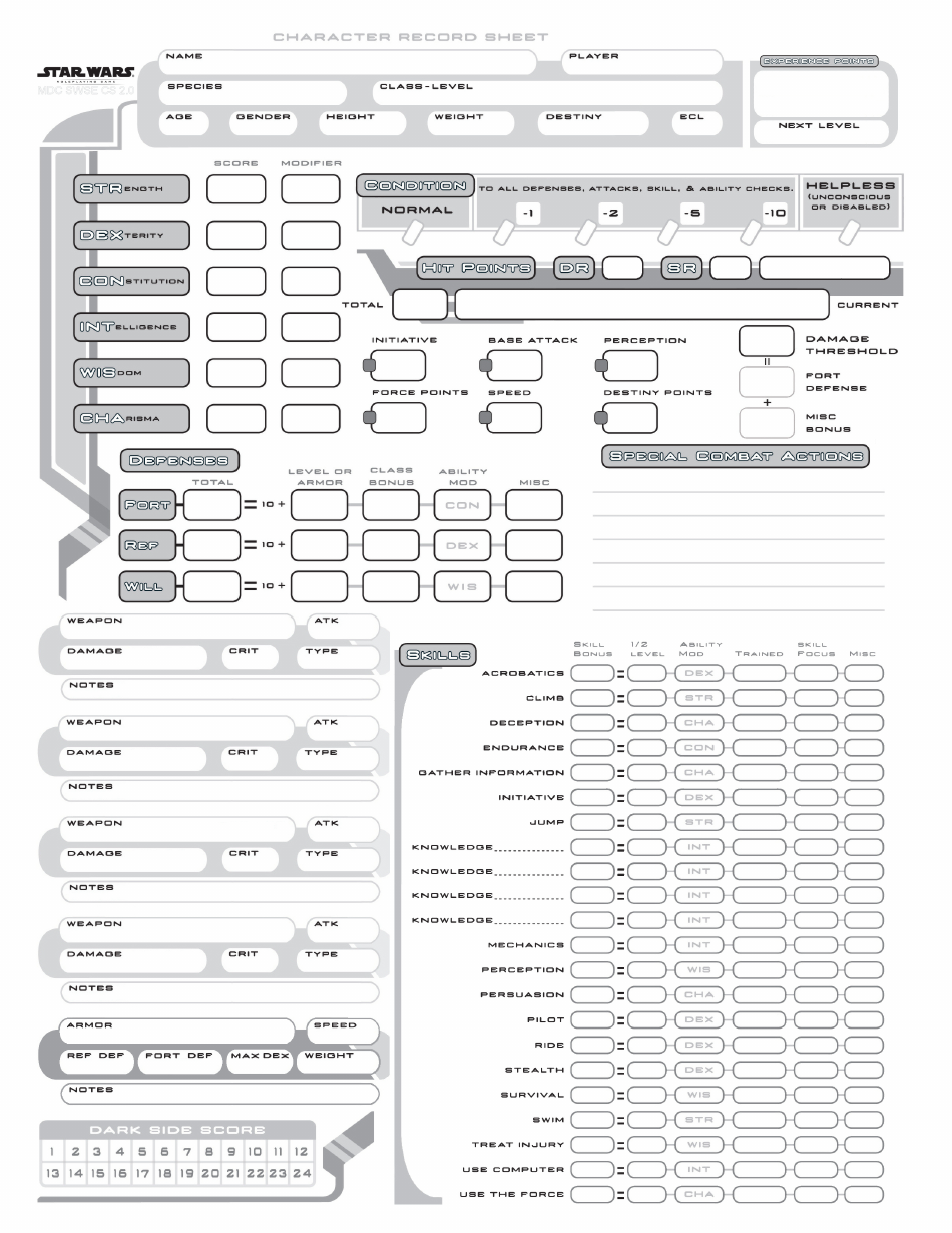 Star Wars Character Record Sheet - Downloadable Template