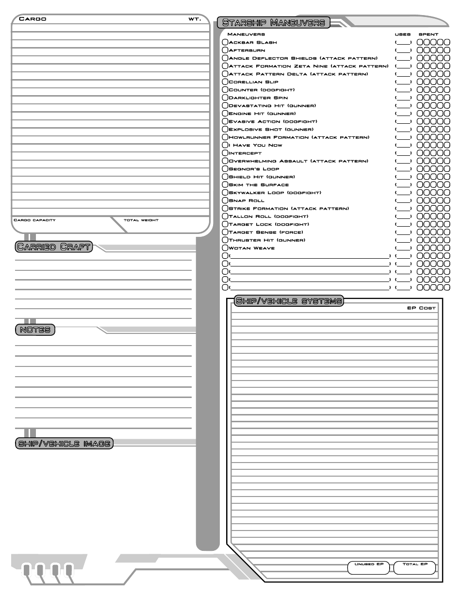 Star Wars Saga Edition Starship / Vehicle Record Sheet, Page 2