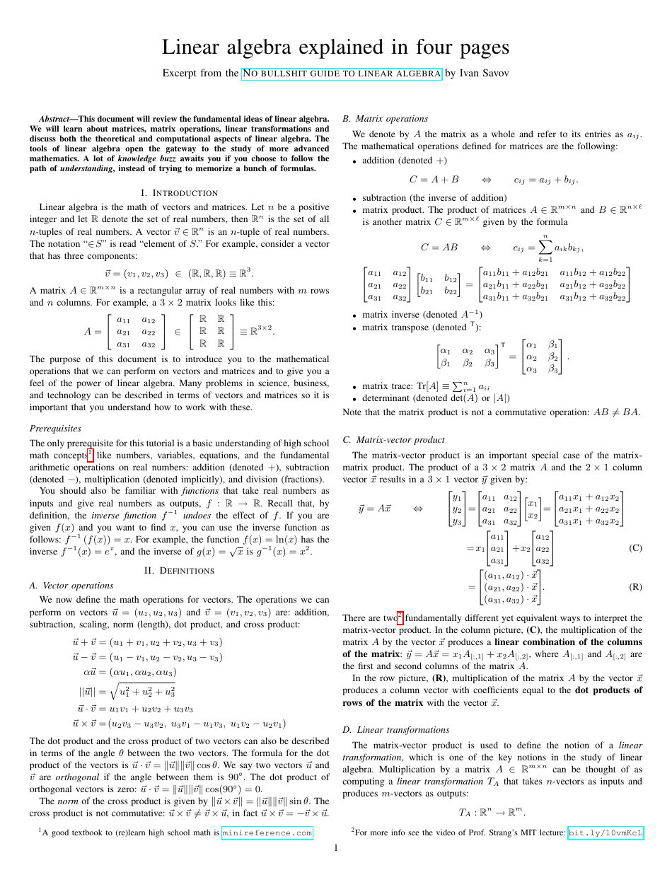 Linear Algebra Cheat Sheet Image Preview