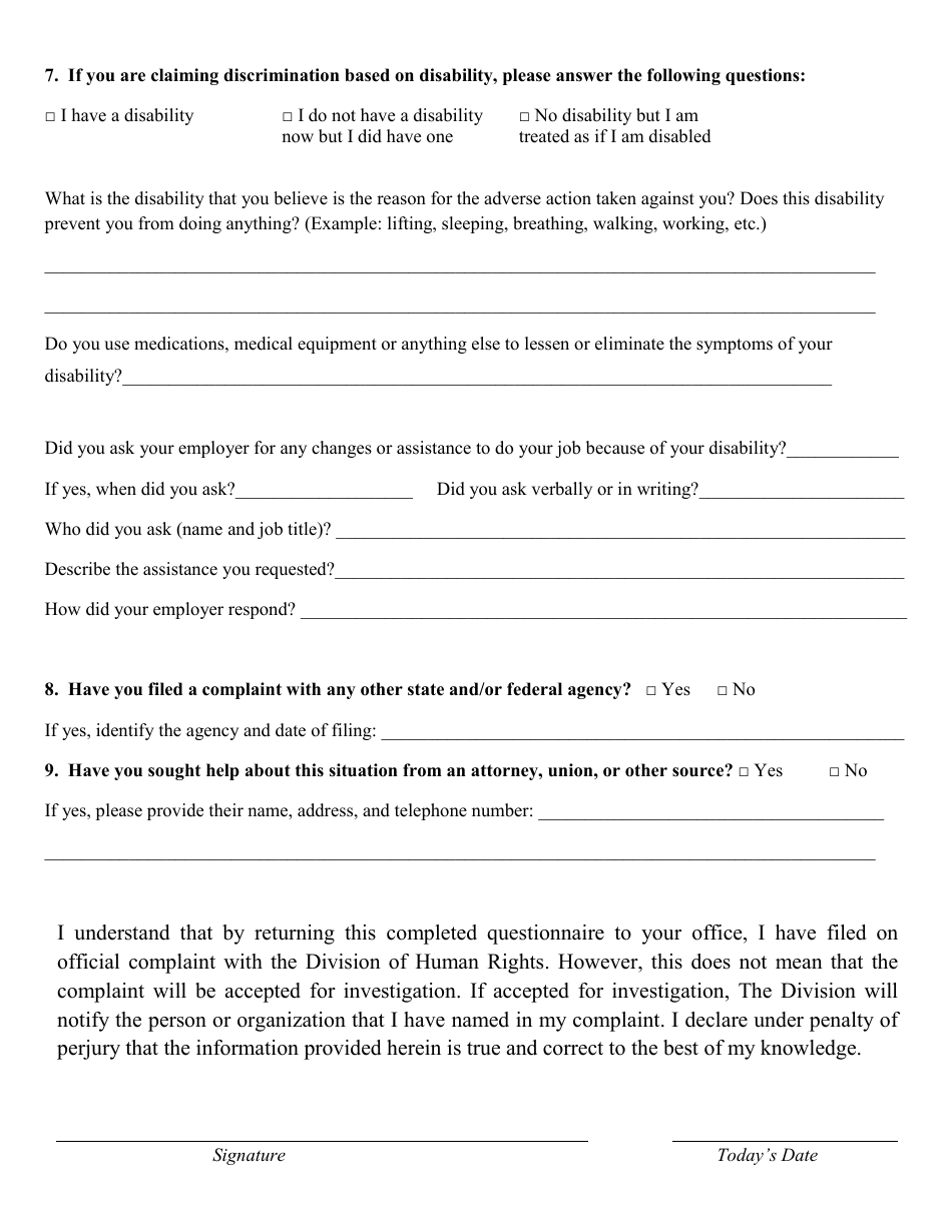 Va. OCR Form 01 Complaint Questionnaire - Virginia, Page 4