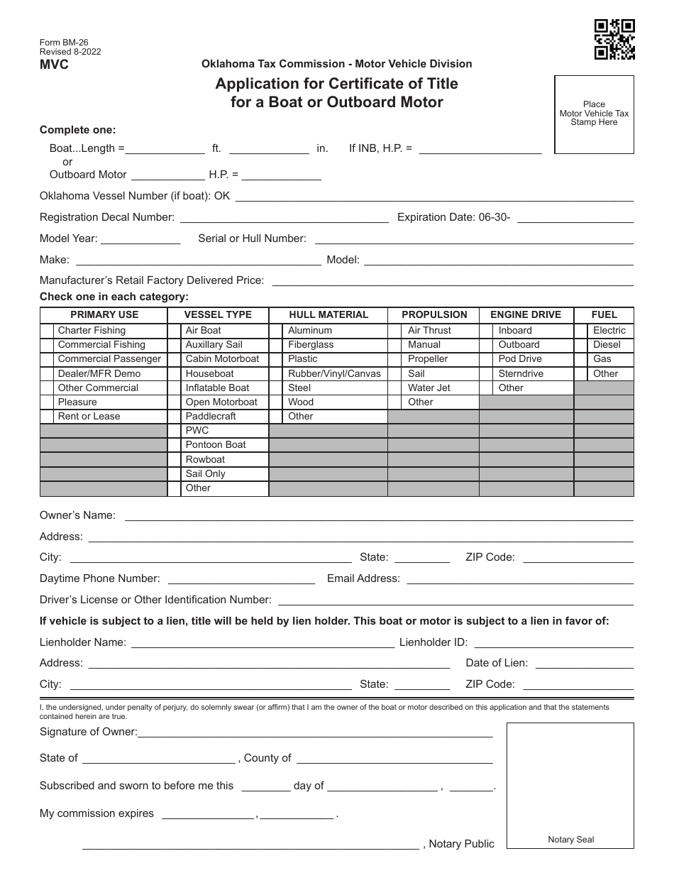 Form BM-26 Application for Certificate of Title for a Boat or Outboard Motor - Oklahoma, Page 1